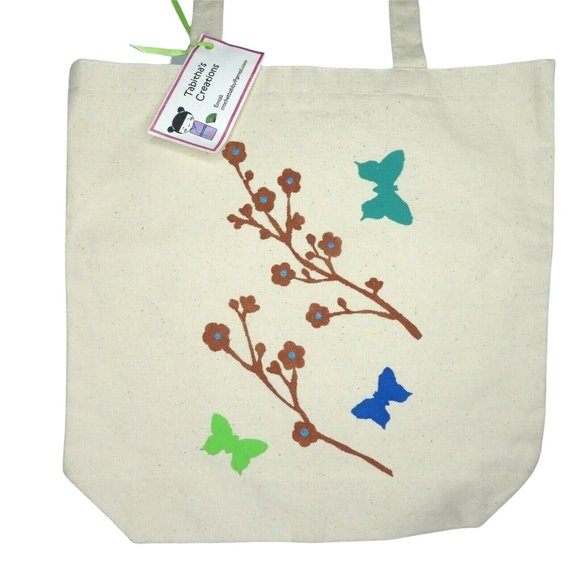 New Old Stock Hand Painted Beige Canvas Tote Shoulder Bag Shipping Bag 13 x 13 - Picture 3 of 6